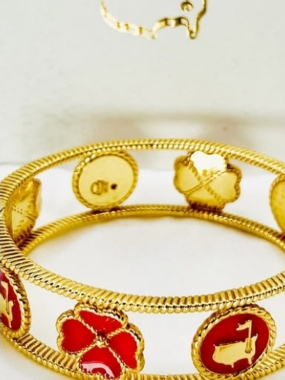 Gold-Tone Bracelet with Red Enamel Clover & Medallion Charms